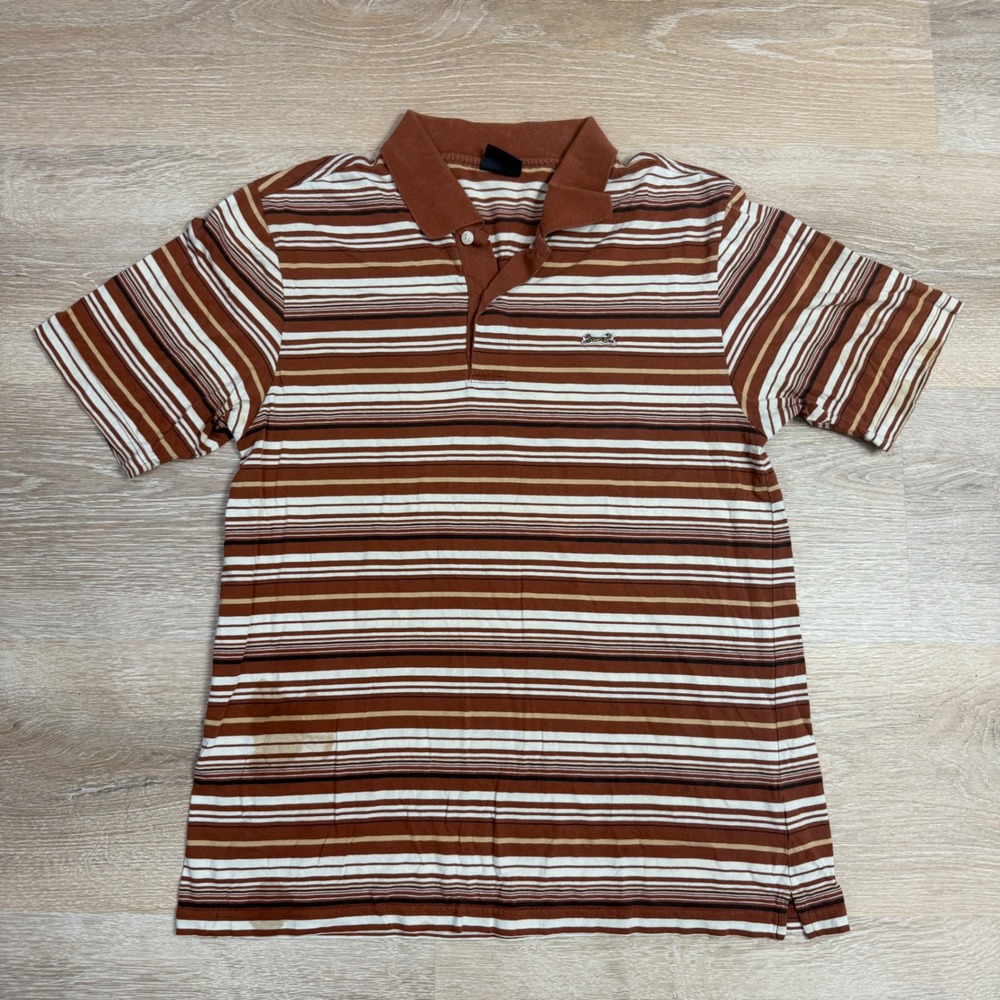 Le Tigre Mens Striped Polo Shirt Brown Tan White Short Sleeve Size M